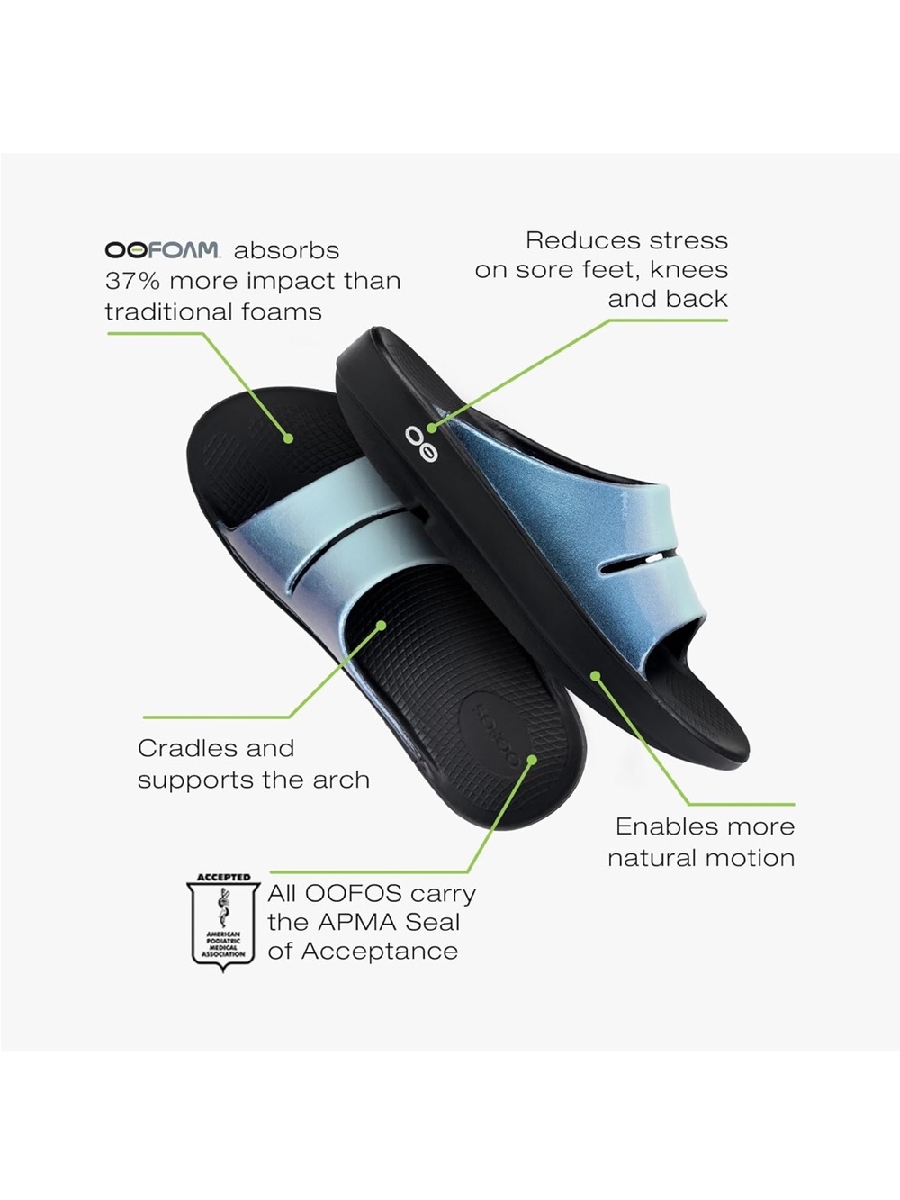 OOFOS Ooahh Metallic Blue Slide Sandal for Women size 9 almost new! - Picture 4 of 7